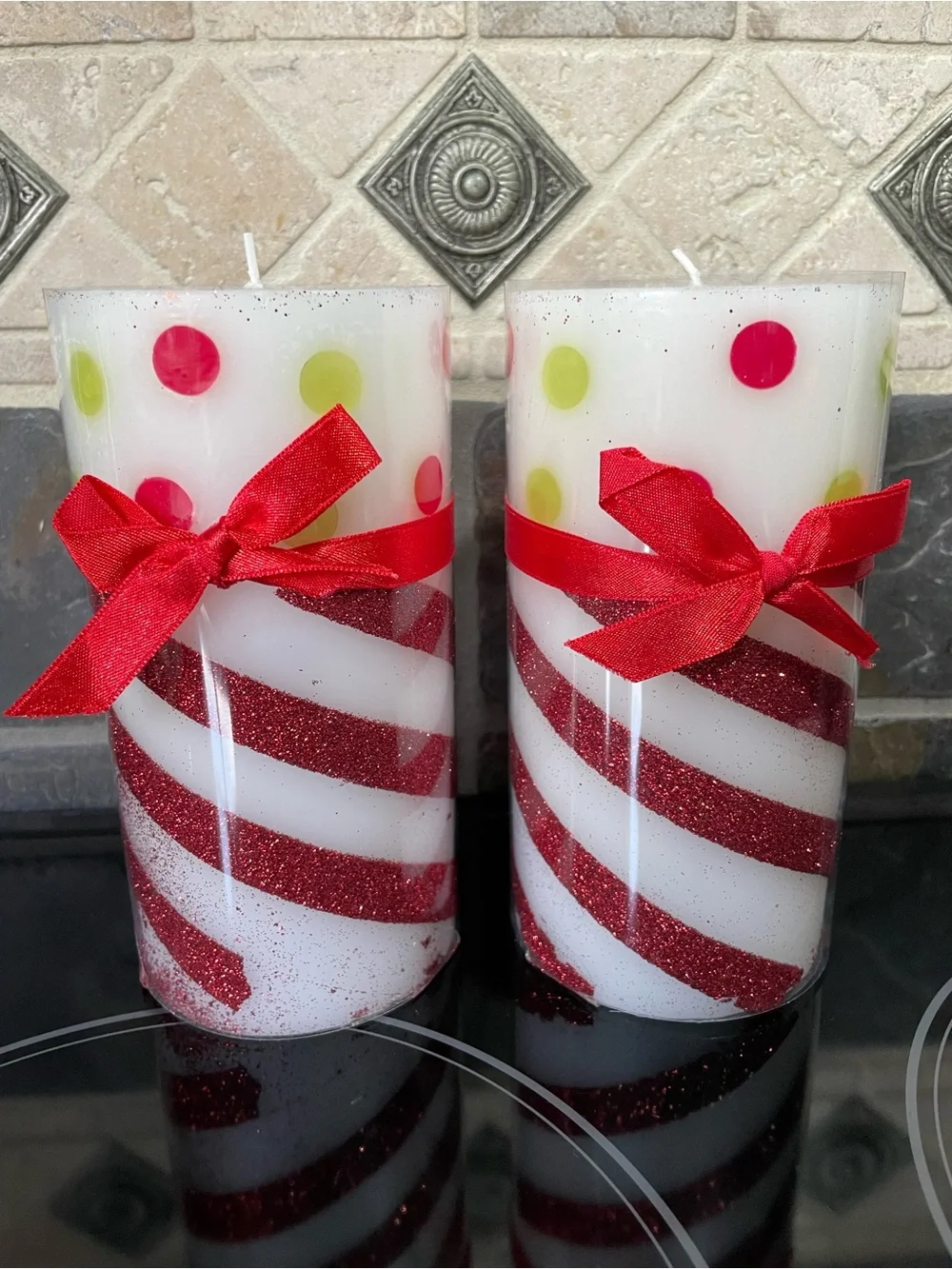 Festive Red Glitter Stripe Pillar Candles with Polka Dots and Bows 3” x 6” set 2